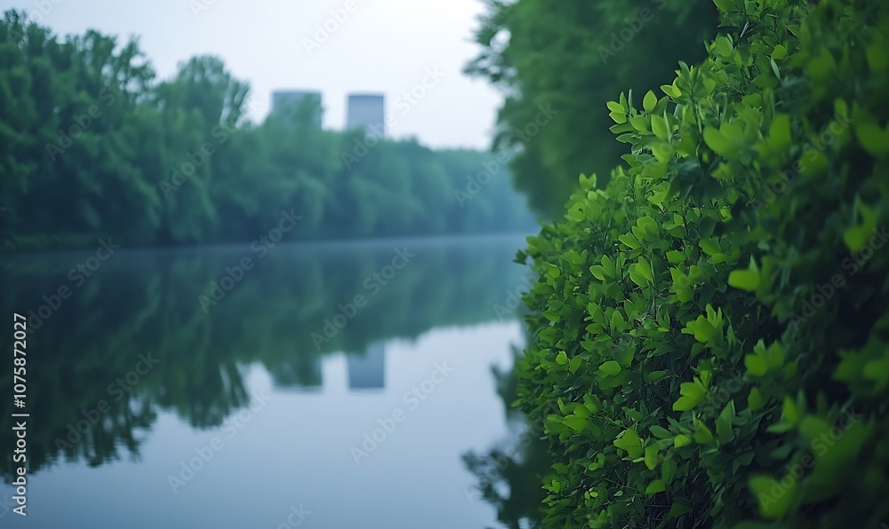 Poster a serene river view framed by lush greenery, with distant buildings shrouded in fog, creating a tran
