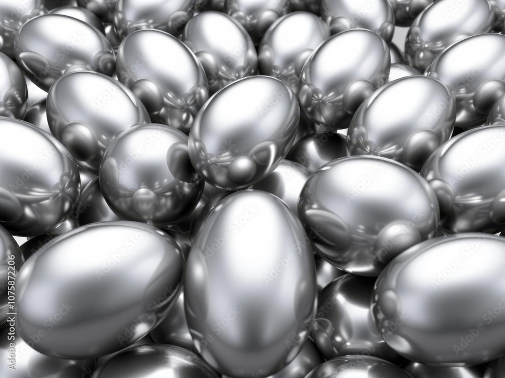 Poster a floating cube composed of metallic eggs in a three-dimensional render, shiny, reflective