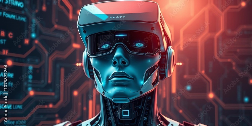Poster a futuristic humanoid portrait wearing vr glasses created with computer circuit patterns, representi