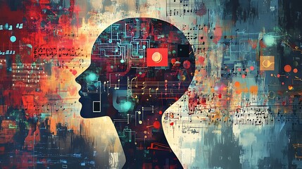 A silhouette of a human head filled with abstract patterns, symbols, and musical notes, representing creativity and thought.