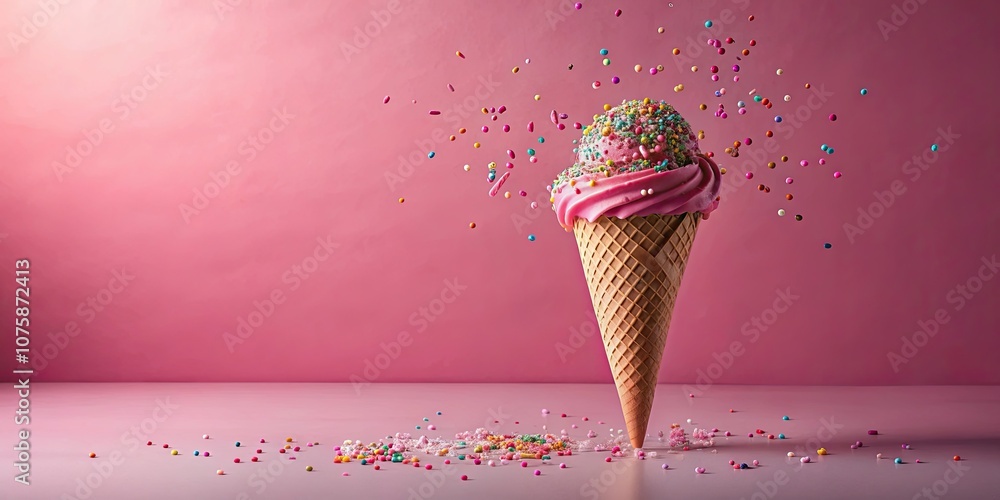 Wall mural Pink ice cream cone floating and covered in sprinkles, pink, ice cream, cone, floating, sprinkles, dessert, sweet, whimsical, fun