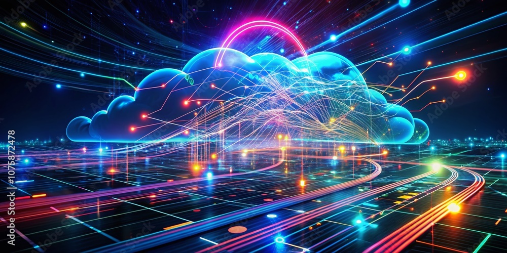 Poster dynamic cloud network with vibrant data flow lines connecting servers, computers, and mobile devices