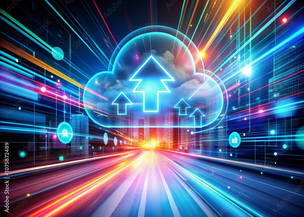 Poster dynamic cloud storage concepts with download and upload buttons in long exposure, showcasing data tr