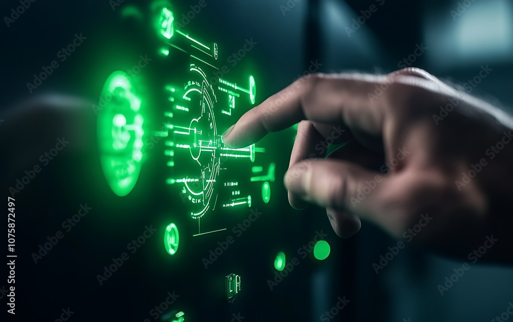 Poster A hand interacting with a futuristic green touchscreen interface showcasing digital elements and technology.