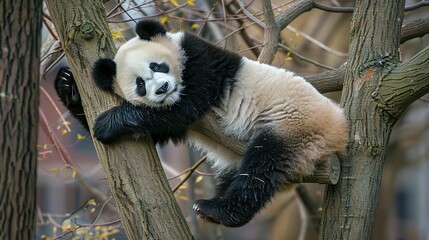 Obraz premium Observing Giant Pandas Hanging Out in Trees at Chengdu Base