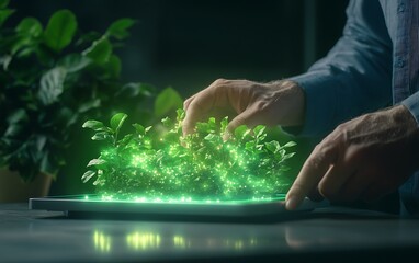 A person interacts with glowing green plants displayed on a digital screen, blending technology and nature in a futuristic setting.