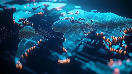 Dynamic 3D World Map with Telecom Grid and Glowing Business Connections