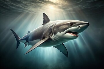 Obraz premium Dynamic Portrait of an Aggressive Shark with Gray Skin Swimming in a Minimalist Style, Captured in Architectural Photography for Stunning Visual Appeal