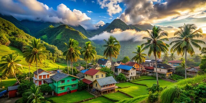 Early Morning Serenity in Arure Village, Valle Gran Rey: A Captivating View of Colorful Houses Surrounded by Lush Green Valleys and Palm Trees Under a Blue Sky in La Gomera, Canary Islands, Spain
