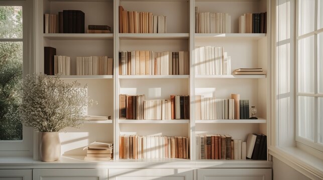 Sunlit Cozy Elegant Home Library with Window and Books: Empty Room. Zoom Virtual Backgrounds, Cozy Interior Backdrops, Living Room Backgrounds for Virtual Meetings