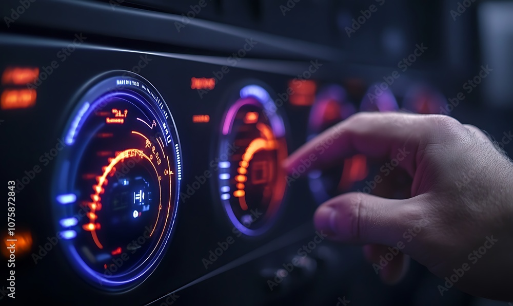 Poster a close-up of a hand interacting with a modern dial interface, featuring vibrant lights and gauges, 