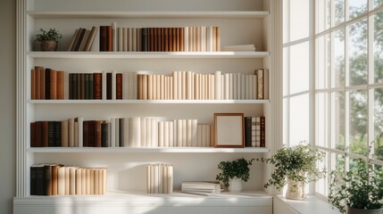 Sunlit Cozy Elegant Home Library with Window and Books: Empty Room. Zoom Virtual Backgrounds, Cozy Interior Backdrops, Living Room Backgrounds for Virtual Meetings