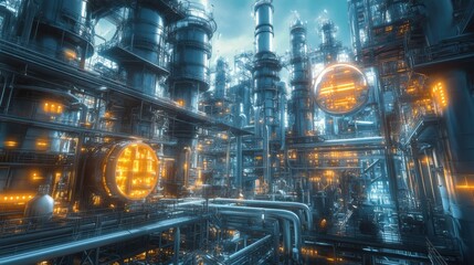 A futuristic oil refinery with modern machinery under a soft glowing light,