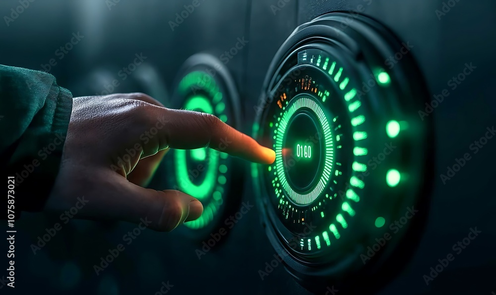 Leinwandbilder a glowing control panel with a hand pressing a green-lit dial, suggesting interaction with futuristi