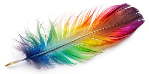 Fototapeta premium A Single Vibrant Feather on a White Background, Exposing its Intricate Structure and Rainbow Hues