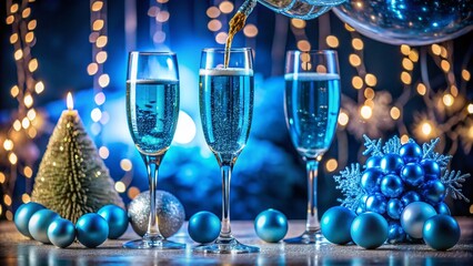 Elegant Celebration of Blue Champagne Toast with Sparkling Bubbles in a Festive Atmosphere, Highlighting Joyful Moments and Luxurious Experiences at a Special Event