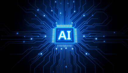 Glowing Purple AI Chip on Blue Circuit Board, Symbolizing Advanced Artificial Intelligence Technology.