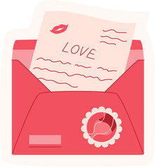 Cute pink envelope sticker with a love note inside and romantic message written on paper. Cartoon sticker design ideal for valentine celebrations, invitations, and heartfelt greetings.