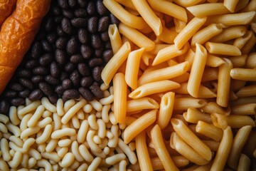 Close up of various pasta shapes.