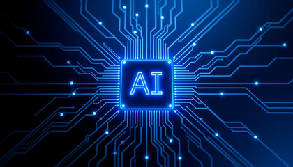 Glowing Purple AI Chip on Blue Circuit Board, Symbolizing Advanced Artificial Intelligence Technology.