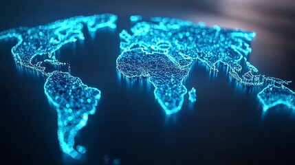 Glowing Wireframe Mesh World Map with Dynamic Network Grid in Futuristic Blue Aesthetic