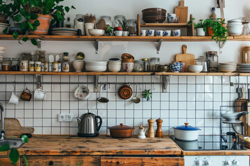 Scandinavian kitchen with minimalist design, featuring a matte white backsplash, open wood shelving, and ceramic dishes displayed for a homey feel. interior 