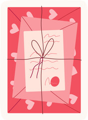 Cute heart valentine gift sticker with envelope and message note. Handwritten romantic card in doodle style. Concept of love, celebration, and holiday for creative usage.