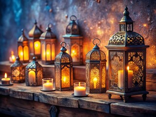 Obraz premium Elegant Moroccan Lanterns Illuminating Candles on a Rustic Wooden Shelf - A Captivating Tilt-Shift Photography Perspective Showcasing Warmth and Charm