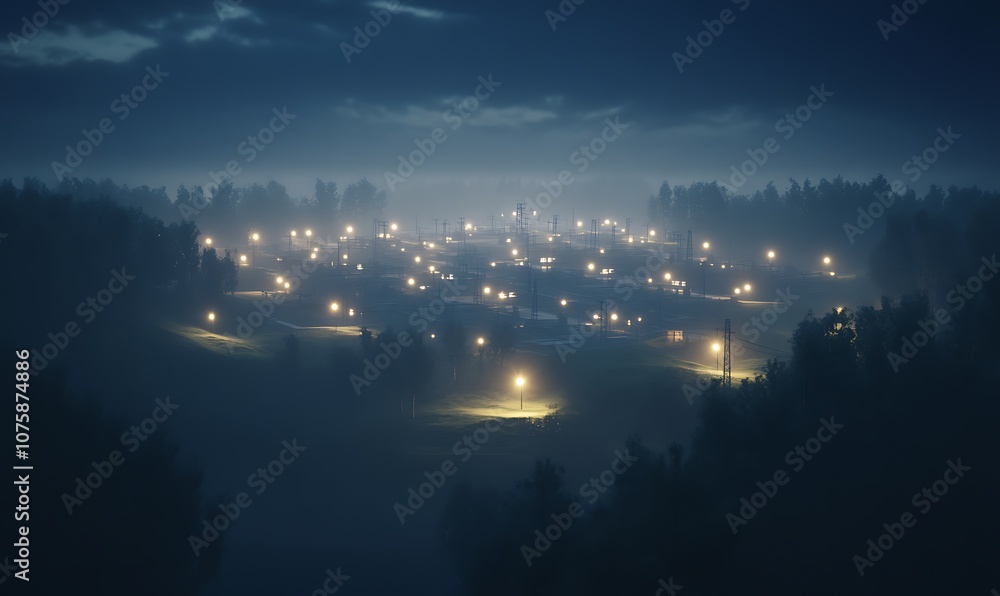 Poster a serene nighttime landscape featuring a small town illuminated by streetlights, surrounded by fog a