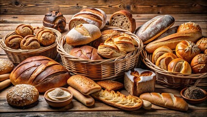 Assorted bakery products including loafs of bread and rolls, baked goods, fresh bread, pastries, breakfast, bakery items