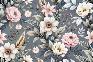Elegant Vintage Floral Pattern Featuring White and Pink Flowers with Dark Grey Leaves on a Soft Grey Background for Fashionable Textile and Wallpaper Design