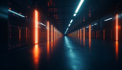 A futuristic data center corridor illuminated by glowing lights, showcasing rows of servers in a sleek, high-tech environment.