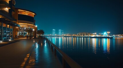 Night view of a waterfront promenade with illuminated buildings and reflections on water.