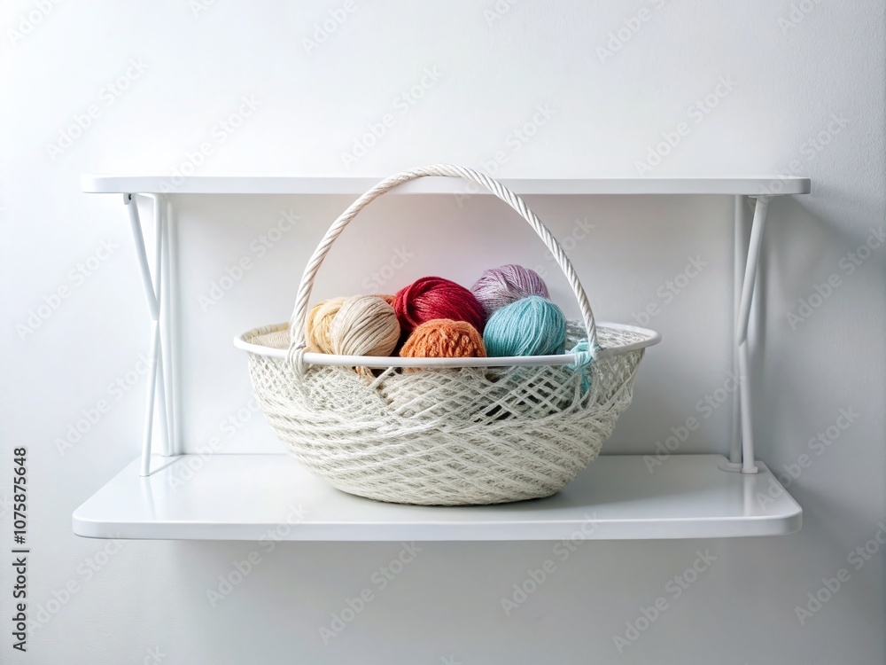 Poster elegant wire basket with neatly coiled white ropes on minimalistic white shelf against stark white b