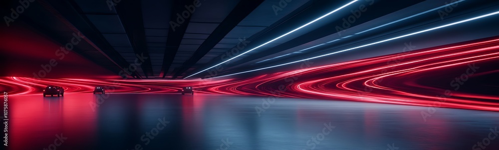 Poster A futuristic scene with dynamic red and blue light trails in a dark, reflective space, creating an atmosphere of motion and energy.