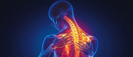 A graphic of the human body with a highlighted shoulder area indicating pain, with X-ray-like elements to show bones and muscles. The background is dark blue for contrast.