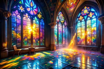 Obraz premium Enchanted Light Through Surreal Stained Glass Windows: A Dreamlike Perspective on Color and Form in Architectural Design