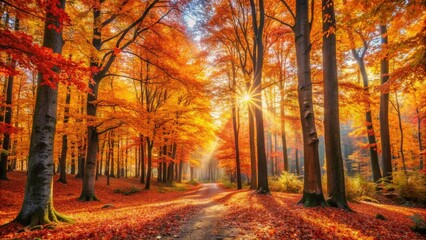 Enchanting Autumn Forest Scene Captured in Oil Painting Style on Canvas, Showcasing Vibrant Fall Colors Amidst Lush Trees, Leaves, and Tranquil Natural Beauty