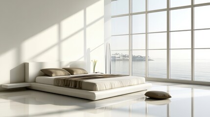 A minimalist modern bedroom featuring a clean-lined bed,