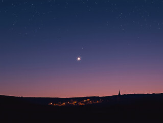 A minimalist night sky with a bright, singular star over a small town silhouette in the distance, representing Bethlehem