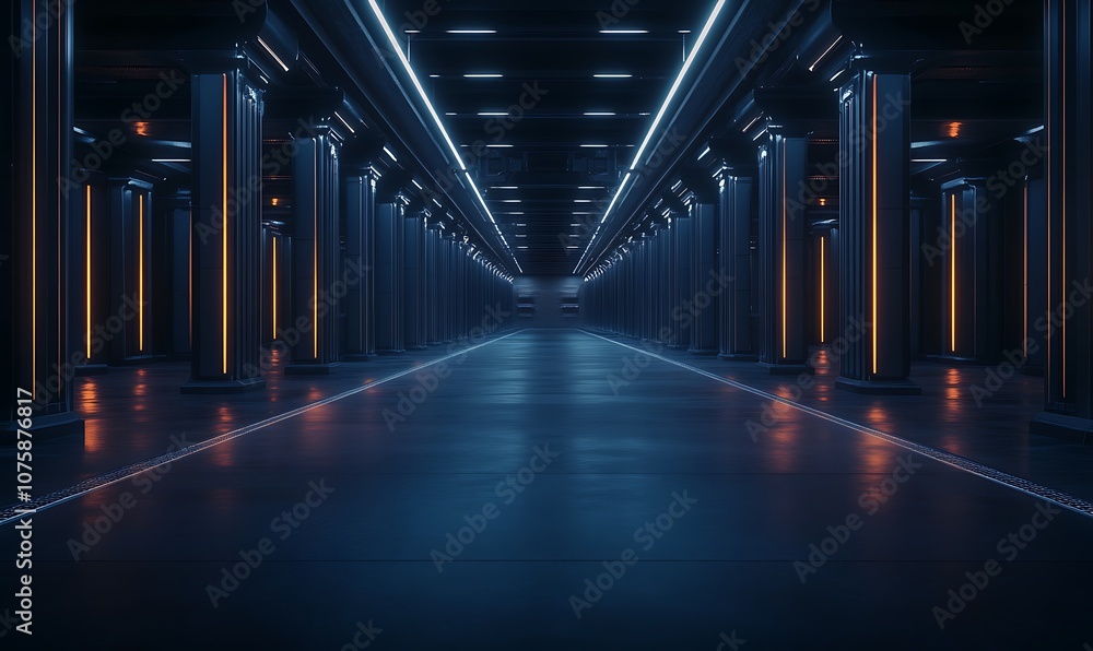 Fototapete a futuristic, dimly-lit corridor featuring sleek columns and illuminated elements, creating a myster