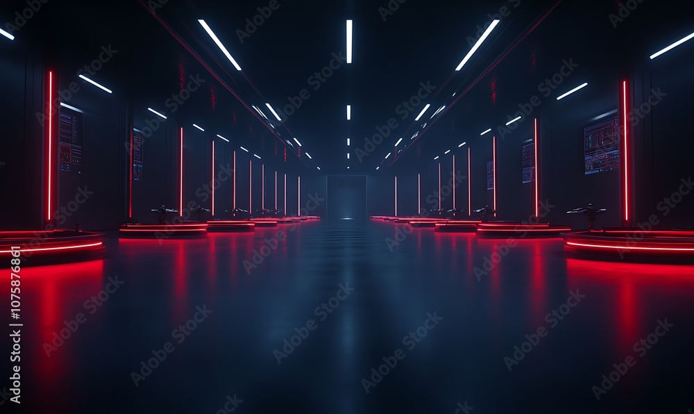 Poster A futuristic, dimly lit corridor with red accents and glowing lights, creating a mysterious and high-tech atmosphere.