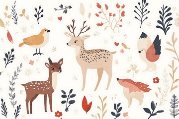 Adorable forest animals posing happily in a sunlit clearing, cute illustration with cheerful vibe