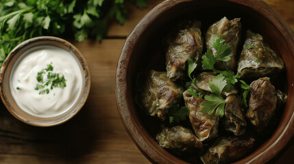 High-angle view of dolma served with a side of yogurt sauce, cozy and inviting, rustic table background