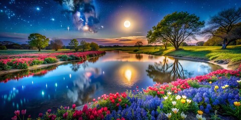 Enchanting Night Photography of Spring Blooms in Texas: Capturing Nature's Beauty Under Starry Skies and Moonlight Reflections in Vibrant Colors