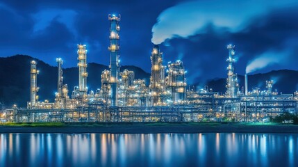 A panoramic view of a high-tech oil refinery at night, lights