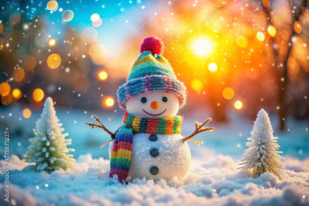Poster enchanting winter scene with a whimsical snowman surrounded by sparkling bokeh in a frozen wonderlan