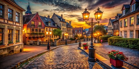 Fototapeta premium Enchanting Vintage Cityscape at Dusk with Illuminated Lanterns Casting Warm Glow on Historic Architecture and Cobblestone Streets