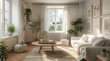 Fototapeta premium Scandinavian living room interior with a neutral palette, wood coffee table, soft beige textiles, and wall-mounted plants, emphasizing eco-friendly decor.
