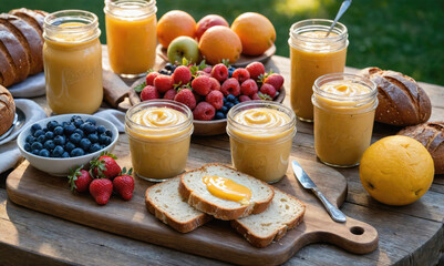 A table with a variety of fruits and bread, including bananas, strawberries
